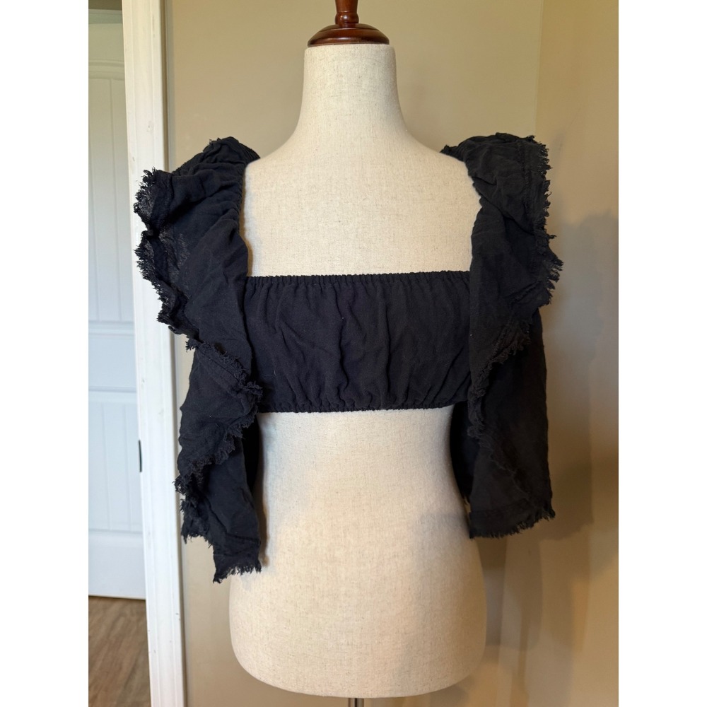 Free‎ People Black Ruffle Smocked Back Crop Top Frayed Edge Boho Gauze Small